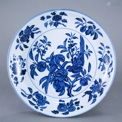 A Chinese Blue and White Floral and Bird Plate