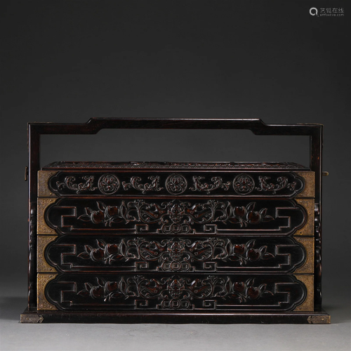 A Chinese Carved Rosewood Picnic Box