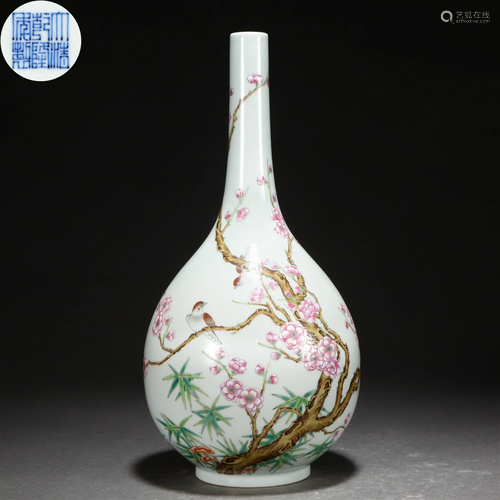 A Chinese Famille Rose Floral and Bird Bottle Vase