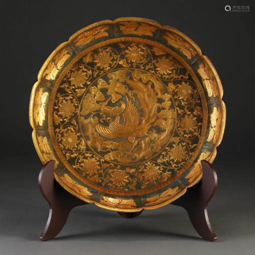 A Chinese Bronze Partly Gilt Phoenix Dish