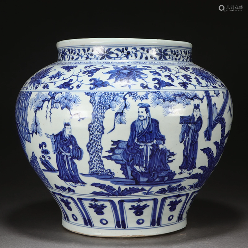 A Chinese Blue and White Figural Story Jar