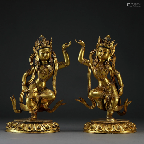 Matched Pair Tibetan Bronze-gilt Offering Goddesses