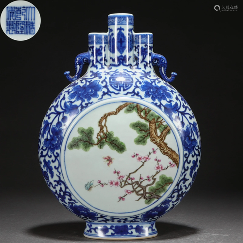 A Chinese Underglaze Blue and Famille Rose Bianhu