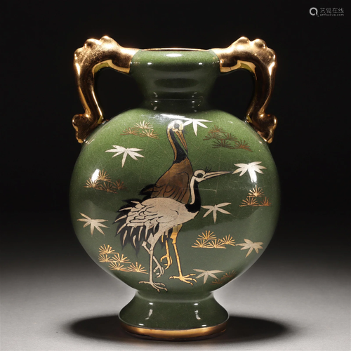 A Chinese Double Cranes Porcelain Moon Flask