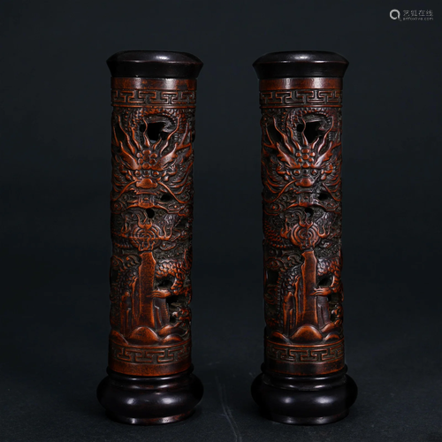 Pair Chinese Reticulated Boxwood Incense Holders