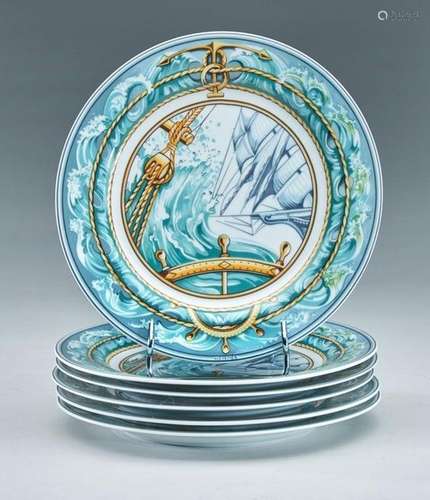 HERMES, Paris<br />
SIX ASSIETTES à dessert en porcelaine mo...