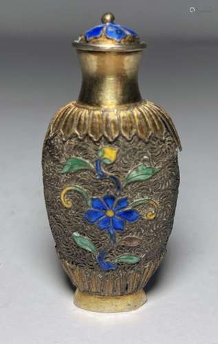 A CHINESE SILVER PARCEL GILT & ENAMEL SNUFF BOTTLE, QING...