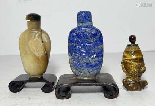 THREE CHINESE SNUFF BOTTLES, LAPIS LAZULI, AGATE & TIGER...