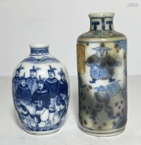 TWO CHINESE BLUE & WHITE SNUFF BOTTLES, ONE COPPER RED G...