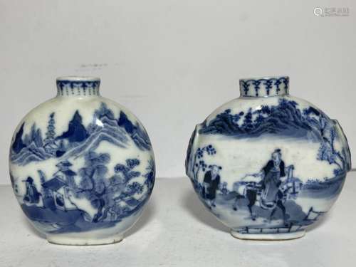 A PAIR OF CHINESE FIGURAL BLUE & WHITE SNUFF BOTTLES, QI...