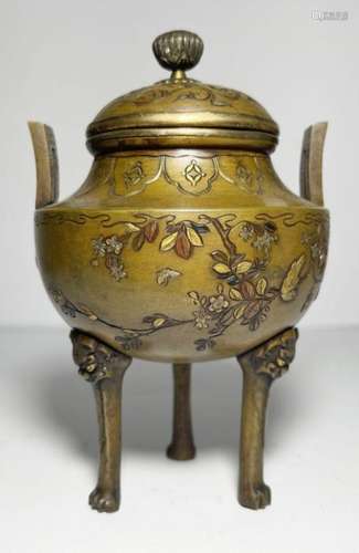 A JAPANESE MIX METAL TRIPOD CENSER, SIGNED MEIJI PERIOD, (18...