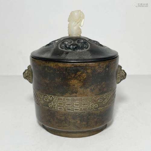 A CHINESE BRONZE CENSER WITH A JADE HANDLE LID, QING DYNASTY...