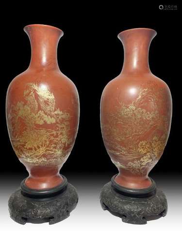 A PAIR OF CHINESE LACQUER VASES WITH GOLD GILT PAINTING, QIN...