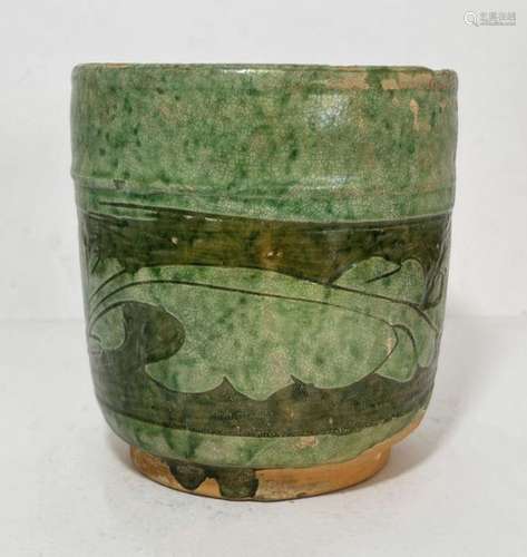 A CHINESE SONG OR LATER GREEN GLAZED POT, SONG DYNASTY OR LA...