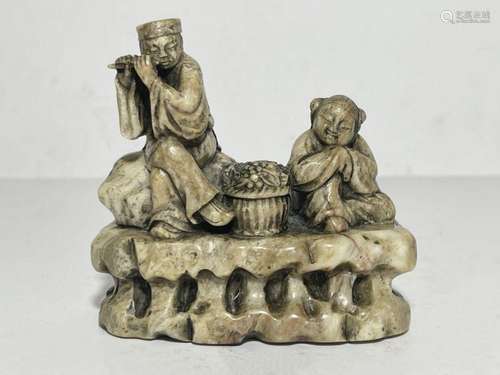 A CHINESE CARVED & SIGNE SOAPSTONE FIGURE GROUP, QING DY...