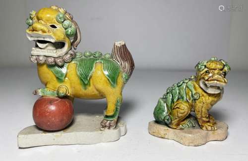 TWO CHINESE FAMILLE VERTE BISCUIT MYTHICAL BEAST FIGURES, KA...