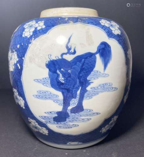 A CHINESE QILIN BLUE & WHITE JAR, KANGXI PERIOD (1662-17...