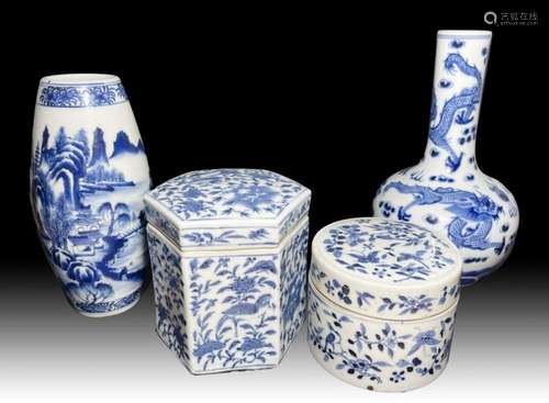 ASSORTMENT OF CHINESE BLUE & WHITE BOXES & VASES