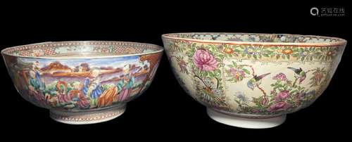 A CHINESE FAMILLE ROSE QIANLONG FIGURAL PUNCH BOWL AND A FAM...