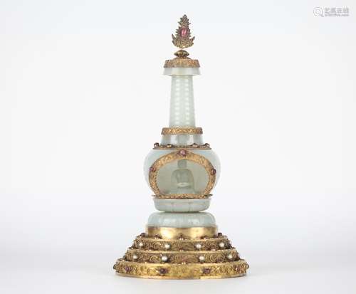 Chinese Gilt Bronze Inlaid White Jade Buddha Pagoda, Qing Dy...