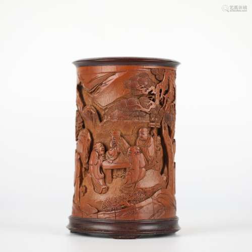 Chinese Bamboo Carved Character Pen Holder, Qing