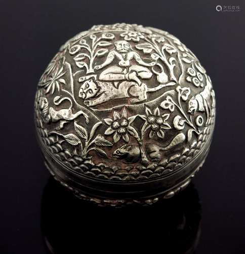 An Indian white metal repousse box, prob