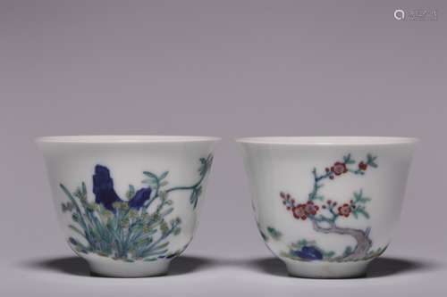 A Pair Of Qing Dynasty Period Of Kangxi Doucai Porcelain Cup...