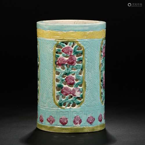 Famille Rose Porcelain Openwork Brush Pot , China