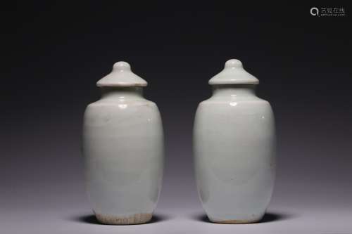 A Pair Of Qing Dynasty White Glaze Porcelain Small Covered B...