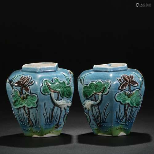 A Pair Of Blue Glaze Porcelain Carving Jars, China