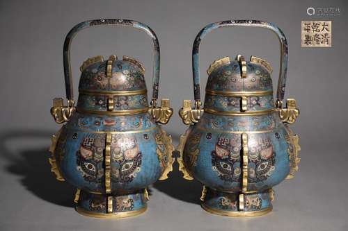 A Pair Of Qing Dynasty  Bronze Cloisonne Enamel Color Pots, ...