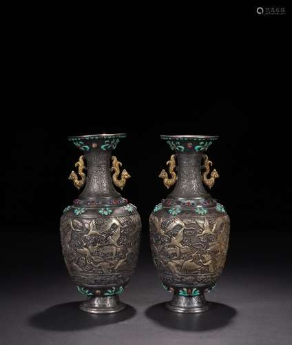 A Pair Of Pure Silver Bottles With Treasure Crane, China