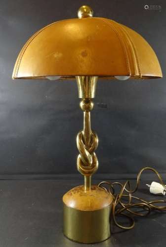 SCHWERE MESSING/BRONZE-TISCH-LAMPE MIT LEDERSCHIRM