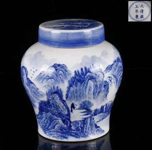 Blue and white mountain water figure pattern pot