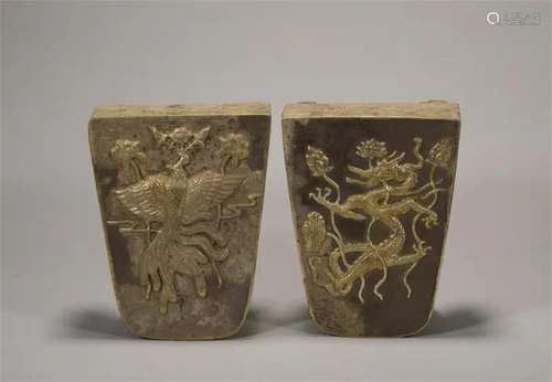 Liao Dynasty silver gilt gold longfeng inkstone pair