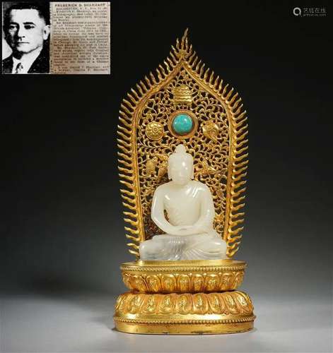 Hetian white jade buddha gilded base,Qing dynasty