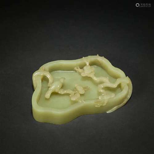 A yellow jade 'magpie in a wintersweet tree' brush w...