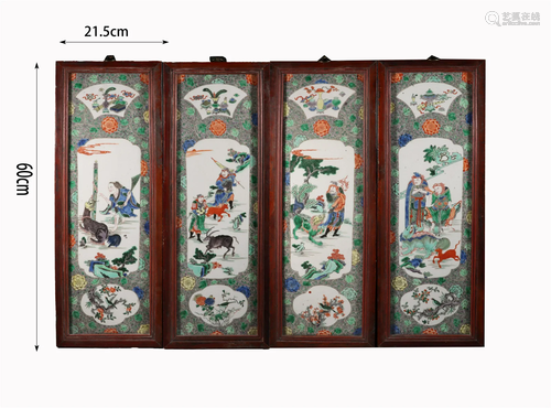 Set of Four Wucai Glaze Figure Story Hanging Panels