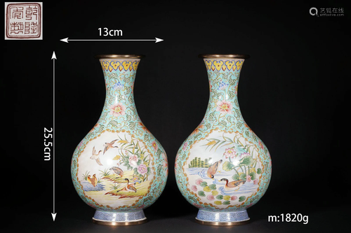 Pair of Painted Enamel Flower and Bird Yuhuchunping Vases