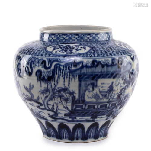 A CHINESE BLUE AND WHITE FIGURAL STORY JAR