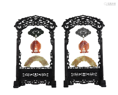 PAIR CHINESE CARVED JADE PENDANTS WITH FRAMES