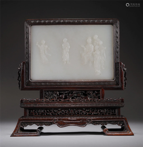 A CHINESE CARVED JADE INLAID ROSEWOOD TABLE SCREEN