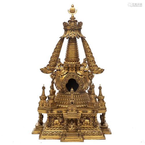 A HIGHLY IMPORTANT TIBETAN BRONZE-GILT STUPA