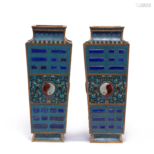 PAIR CLOISONNE ENAMEL EIGHT DIAGRAMS VASES