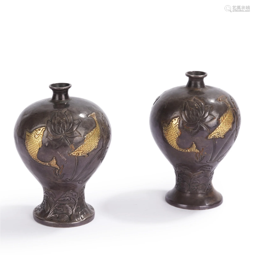 PAIR CHINESE SILVER-GILT VASES MEIPING