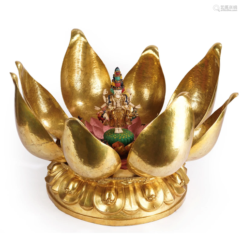 A RARE TIBETAN BRONZE-GILT MANDALA OF AVALOKITESVARA