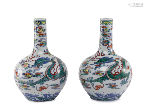 PAIR CHINESE DOUCAI GLAZE DRAGON VASES