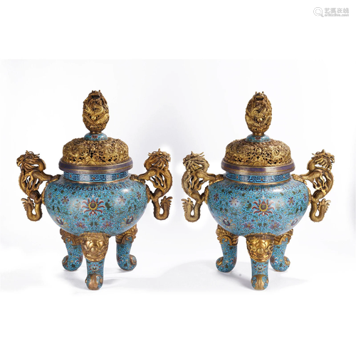 PAIR CHINESE CLOISONNE ENAMEL TRIPOD INCENSE BURNERS