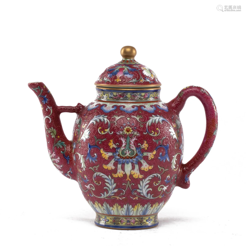 A CHINESE FAMILLE ROSE LOTUS SCROLLS TEAPOT