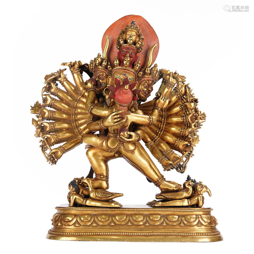 A TIBETAN BRONZE-GILT FIGURE OF YAMANTAKA